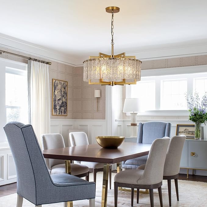Gold Crystal Chandeliers for Dining Room, 24" Modern Drum Chandelier,Water Ripple Glass, Adjustable Height, Pendant Dining Room Light Fixture for Kitchen Island Hallway Entryway Foyer