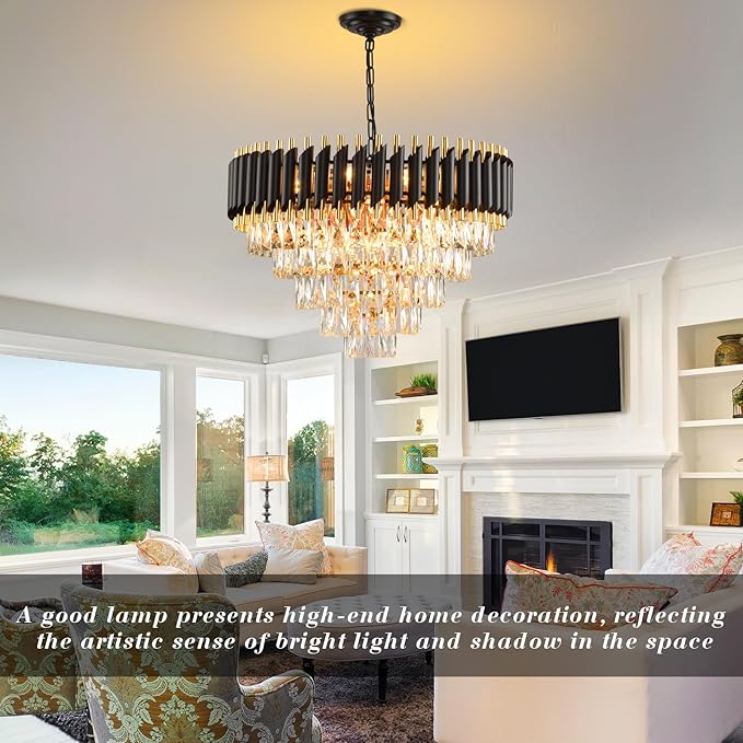 Gold Modern Crystal Chandelier 5-Tier Round Living Room Chandelier Light Fixture Black Large Crystal Chandeliers Pendant Ceiling Light Fixture for Dining Room Bedroom Entryway Staircase Foyer W24in
