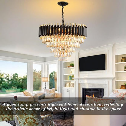 Gold Modern Crystal Chandelier 5-Tier Round Living Room Chandelier Light Fixture Black Large Crystal Chandeliers Pendant Ceiling Light Fixture for Dining Room Bedroom Entryway Staircase Foyer W24in