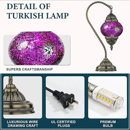 Marrakech Turkish Lamp Morrocan Table Lamps with Handmade Mosaic Glass, Tiffany Style Beside Lamp with Swan Neck Bronze Base Including LED Bulb for Living Room Bedroom Decor (Shard Red)