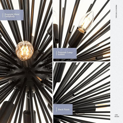 23.6" 9-Light Black Sputnik Chandelier Modern Industrial Adjustable Firework Globe Ceiling Fixture for Living Room, Entryway, Dining, Bedroom, Hallway, Stairway