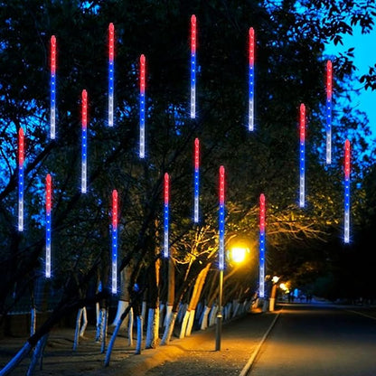 Dazzle Bright 4th of July Lights Decorations, 864 LED Red Blue and White Meteor Shower Rain Lights 12Inch 24 Tubes, Waterproof Plug in Falling Rain Light Independence Day for Outdoor Yard