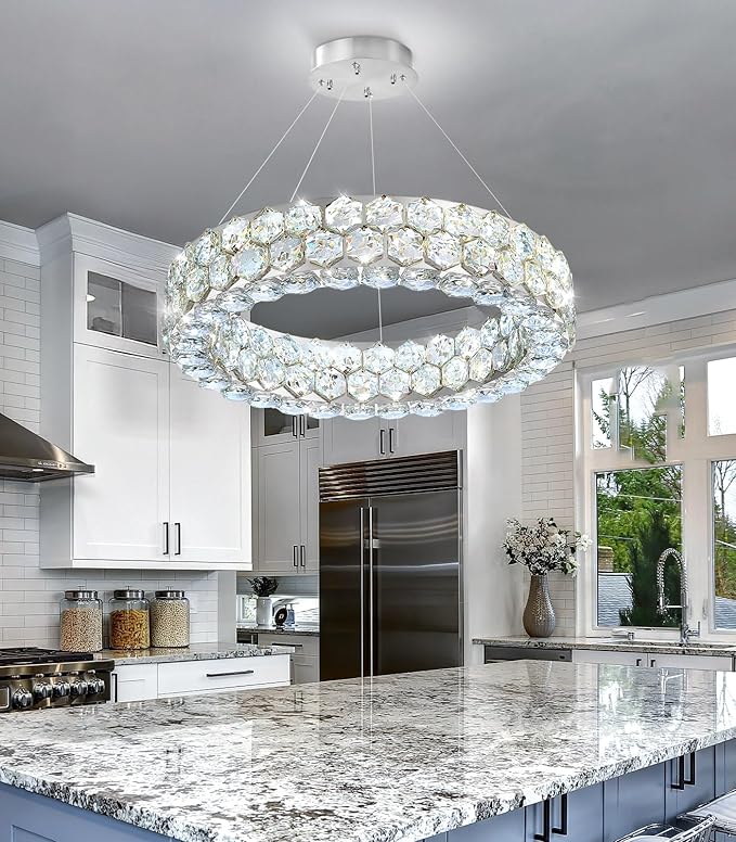 Modern Crystal Chandelier Ring Chandeliers for Dining Room Living Room Round LED Dimmable Ceiling Light Fixture for Bedroom Hallway Foyer Silver