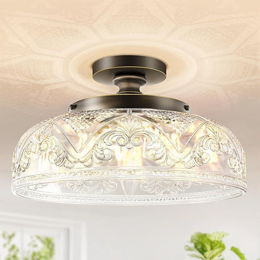 Semi Flush Mount Ceiling Light, 12 Inch Large Bronze Ceiling Light Fixture, 3-Light Globe Glass Farmhouse Kitchen Lighting Fixtures for Bathroom, Hallway, Dining Room (Bulb Not Included)