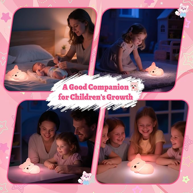 OkiyiD Pink Fox Night Light Toy Gifts for Girls, Cute Fox Squishy Lamp for Daughter Gifts, Dimmable Rechargeable Silicone Animal Night Light, Sweet Birthday Xmas Gift for Girls Room Pink Decor