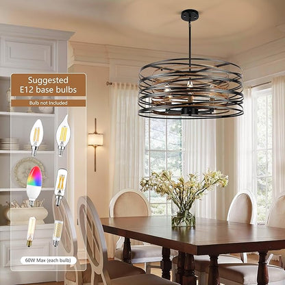 Sigaitwei 6-Light Dining Room Chandeliers Farmhouse，23.6" Large Black Farmhouse Chandelier，Wood Grain and Vintage Black Dining Room Light Fixture for Kitchen Entryway Living Room