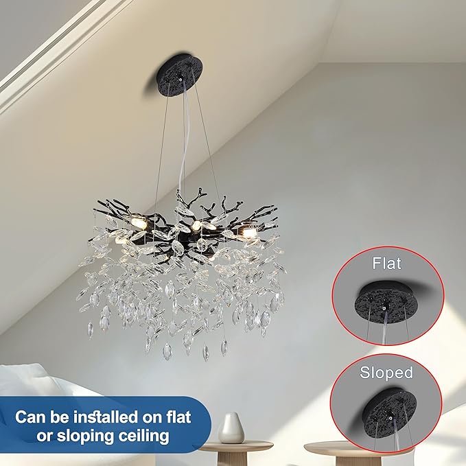 Modern Crystal Tree Branches Chandelier, 18in Black 6 Lights Large Ceiling Hanging Light for Dining Room, Round Raindrop Pendant Light Fixture