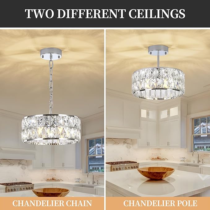 Modern Small Crystal Chandelier, 4-Light Round Pendant with Chrome Finish, Semi-Flush Mount Ceiling Light, 12" Diameter, Chrome Chandelier for Dining Areas, Kitchens & Hallways