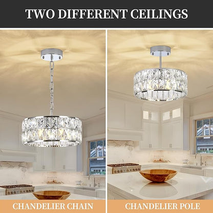 Modern Small Crystal Chandelier, 4-Light Round Pendant with Chrome Finish, Semi-Flush Mount Ceiling Light, 12" Diameter, Chrome Chandelier for Dining Areas, Kitchens & Hallways
