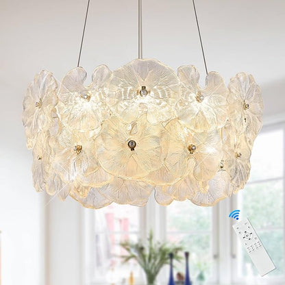 Modern Gold Glass LED Chandelier 20" Elegant Lotus Leaf Dimmable Ceiling Chandeliers with Remote Control Luxury for Foyer Entryway Living Dining Room(3000K-6500K)