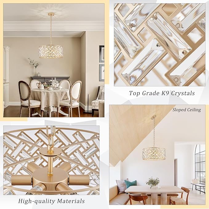CATINER Gold Crystal Chandelier Modern 18" Round Semi Flush Mount Ceiling Light for Dining Living Room Bedroom & Foyer - Large Round Pendant Fixture