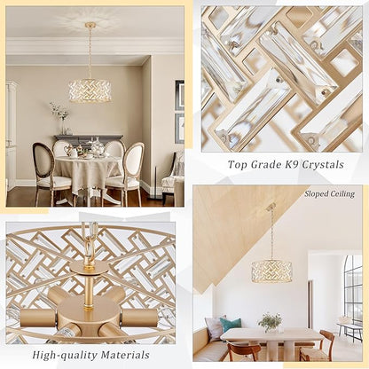 CATINER Gold Crystal Chandelier Modern 18" Round Semi Flush Mount Ceiling Light for Dining Living Room Bedroom & Foyer - Large Round Pendant Fixture