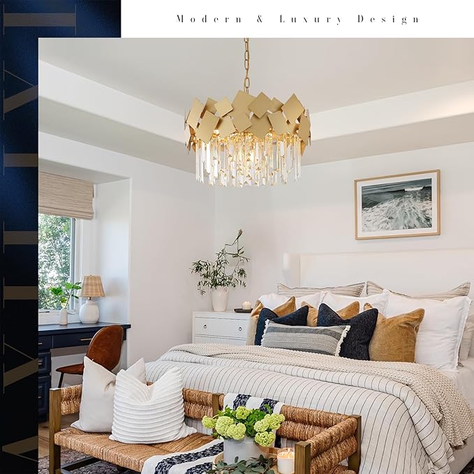 A AXILIXI Gold Crystal Chandelier for Dining Room Modern 20" Drum Chandeliers K9 Round Ceiling Pendant Light Fixtures Luxury Semi Flush Mount Chandelier for Entry Living Room Bedroom