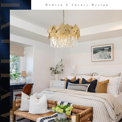 A AXILIXI Gold Crystal Chandelier for Dining Room Modern 20" Drum Chandeliers K9 Round Ceiling Pendant Light Fixtures Luxury Semi Flush Mount Chandelier for Entry Living Room Bedroom