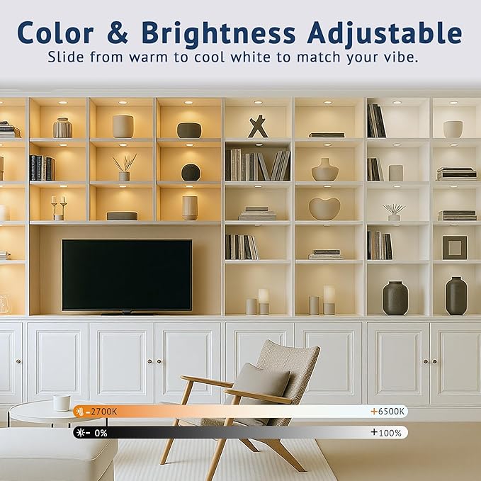 V4light LED Puck Lights 8 Pack, 6mm Ultra-Thin Plug in Under Cabinet Lighting with Touch Dimmer, Adjustable Color Temp(2700K-6500K), Easy Installation for Kitchen, Pantry, Closet, Bedroom