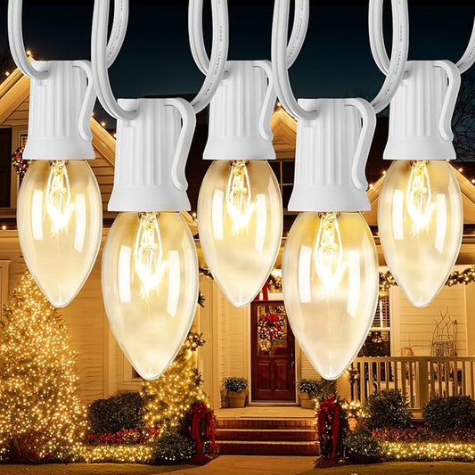 Vintage C9 Warm White Christmas Lights Outdoor, 100 FT C9 String Lights for Christmas Decorations Holiday Party Indoor Room Outdoor Roofline Backyard Garden Patio Cafe Home Decoration, E17 Base