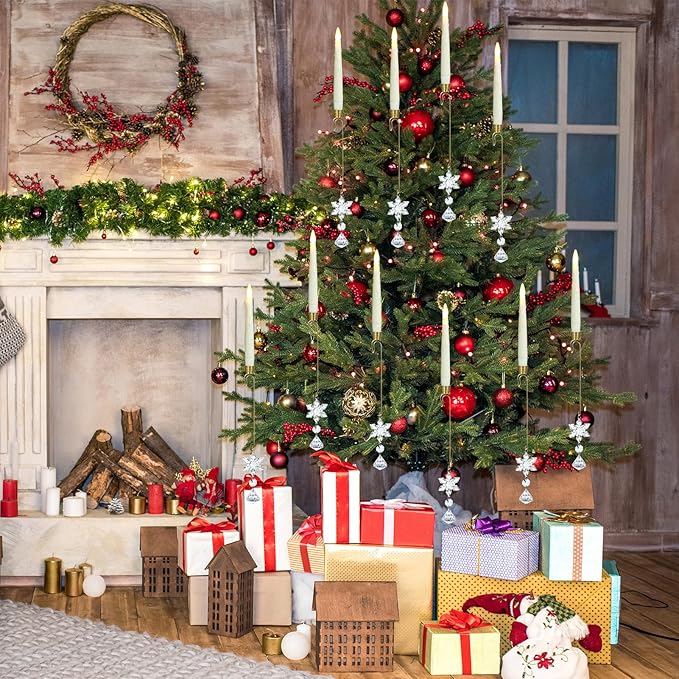 12PCS Flameless Christmas Tree Candles with Remote，Battery Operated Flickering Candles Christmas Tree Lights,LED Taper Candle for Home Parties Birthday Gift with Snowflake Hook(Ivory)
