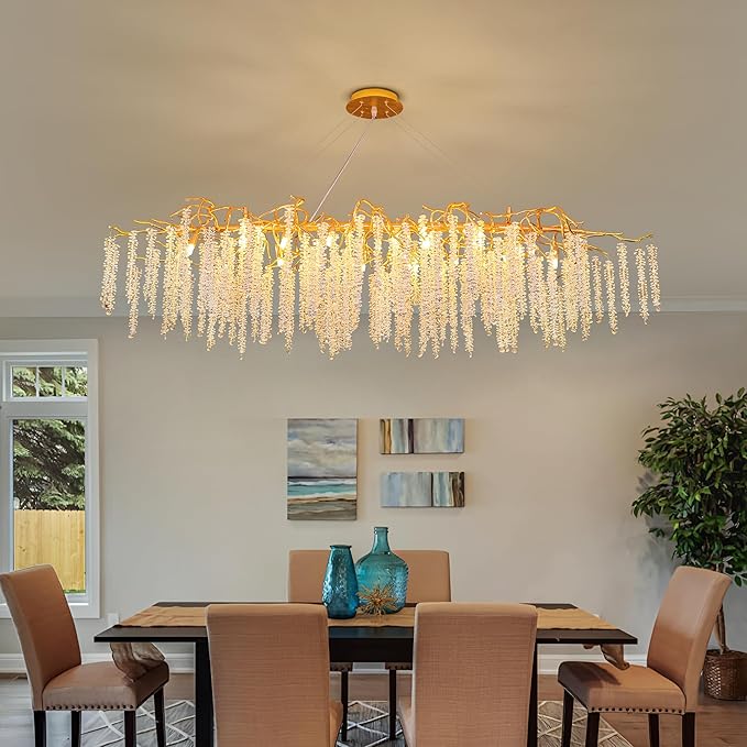 Crystal Tree Branch Chandelier L63 Inch Luxury Rectangular Crystal Raindrop Pendant Light 16 Lights Kitchen Island Hanging Light Fixture for Living Room Dining Room Foyer Entryway Gold