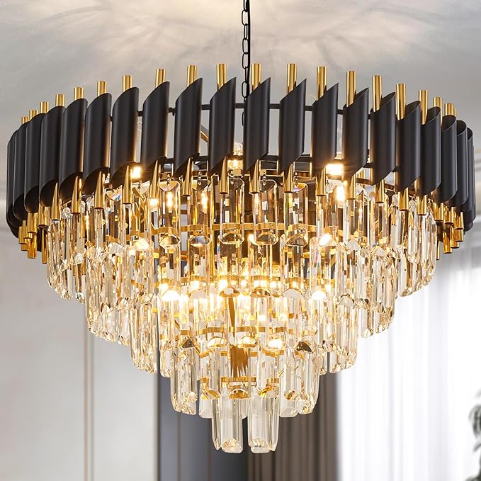 10-Light Large Crystal Chandelier 24" Dining Room Light Fixtures 5 Tiers Flush Mount Black and Gold Chandelier Round Large Chandeliers for Dining Room Living Room Kitchen Entryway Foyer