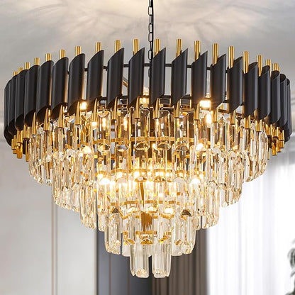 10-Light Large Crystal Chandelier 24" Dining Room Light Fixtures 5 Tiers Flush Mount Black and Gold Chandelier Round Large Chandeliers for Dining Room Living Room Kitchen Entryway Foyer