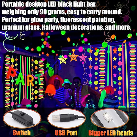 1 Pack USB Black Light Bar, Portable LED Blacklight with Stand, Switch, 5ft Cord for Neon Glow Party Fluorescent Poster Body Paint Desk Lighting Halloween Decor
