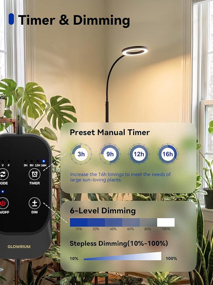 GLOWRIUM Grow Lights for Indoor Plants,20W Full Spectrum LED Plant Light with Stand,Adjustable Height,3/9/12H Timer,6 Dimmable Levels & 3 Lighting Modes (Black-Single Head)