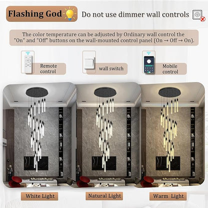 Flashing God Black 28 Lights Large Foyer Chandeliers for High Ceilings 12 feet Long Spiral Stair Pendant Chandelier Crystal Ceiling Light Fixtures Dimmable 2700k-4500k-6000k