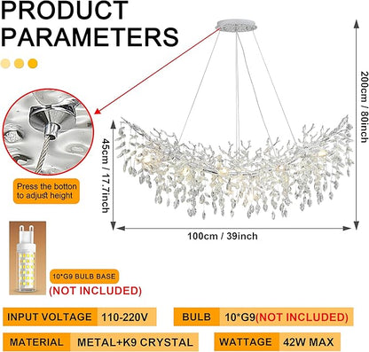 Modern Crystal Tree Branches Chandelier, 40in Silver 10 Lights Large Ceiling Hanging Light for Dining Room, Arc Raindrop Pendant Light Fixture