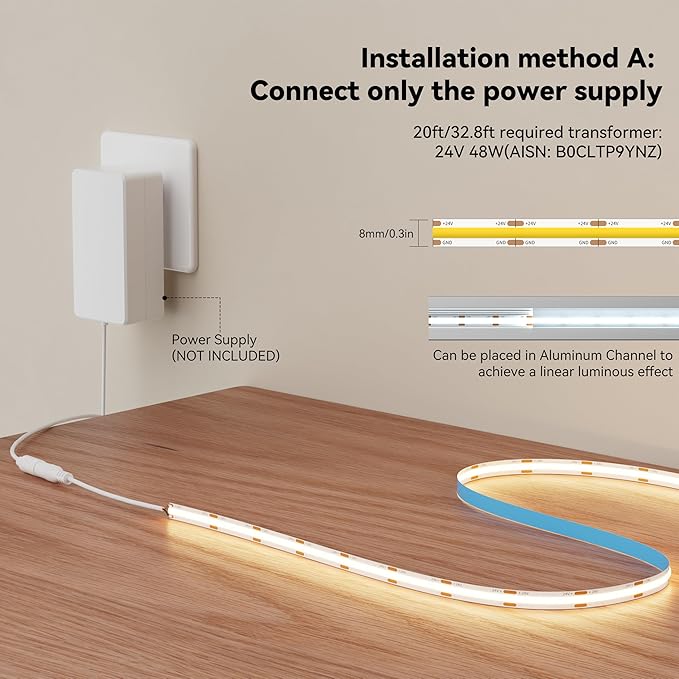 MIWISE COB LED Strip Light 20ft/6.1m,CRI 90+ Warm White 2700K High Lumen Super Bright Flexible DC24V LED Tape Light,for Cabinet Home Office DIY Lighting Projects(Adapter&Controller NOT Included)