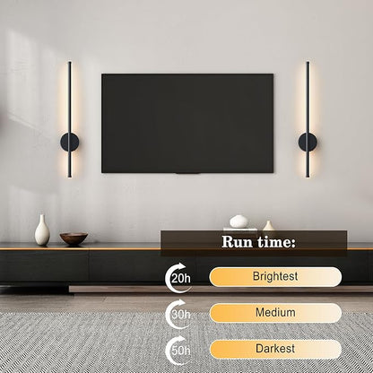 Battery Operated Modern Wall Sconces, Dimmable Wireless Wall Light Set of Two with Remote Control, 3 Color Temperatures, Rechargeable LED Wall Sconce for Bedroom, Living Room, Hallway, 27.6 Inch Black