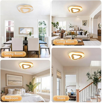 Littleglovo 15.7" Modern Flush Mount LED Chandelier for Dining Room, Natural Wood Petal Energy Chandeliers Ceiling Light for Entryway Bedroom Foyer Kitchen Living Room Bathroom