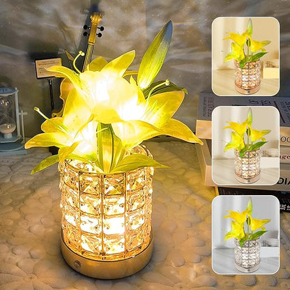 Lily Flower Lamps, Rechargeable Cordless Small Desk Lamp, 3 Colors Dimmable Artificial Flowers Night Light, Fake Bouquet 3 Lilies with Crystal Vase for Home Date Party Decoration (Yellow - Lily)