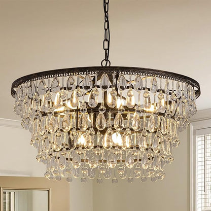 7PM Vintage Crystal Chandelier for Dining Room,28-inch Antique Crystal Ceiling Light Fixture, 5-Tier Bronze Chandelier for Living Room, Kitchen Island, Bedroom, Entryway
