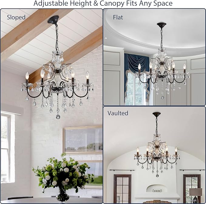 Bestier Black Finish Elegent Crystal Candle Candelabra Chandelier 6 Light Lighting Fixture LED Pendant Ceiling Light Dia 26 in x H 26 in