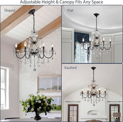 Bestier Black Finish Elegent Crystal Candle Candelabra Chandelier 6 Light Lighting Fixture LED Pendant Ceiling Light Dia 26 in x H 26 in