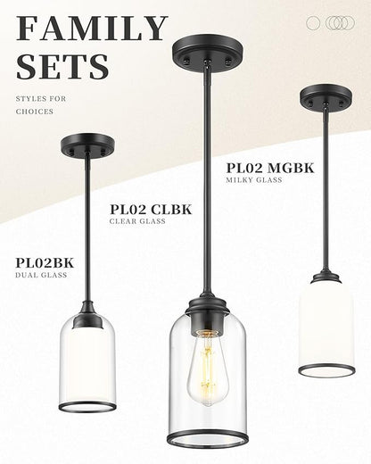 LIROUVET 2 Pack Pendant Lights Kitchen Island, Modern Pendant Lights, Black Hanging Lamp with Clear Glass, Industrial Pendant Light Fixtures for Dining Room PL02 CLBK-2PK