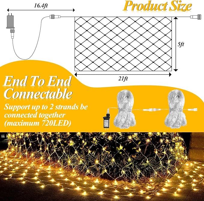 LitHome 21ft x 5ft Christmas Net Lights, 360 LED Mesh Fairy String Lights with 8 Modes, Connectable Plug in Waterproof Mesh Lights for Bushed,Trees,Yard,Patio,Garden Decorations(Warm White)