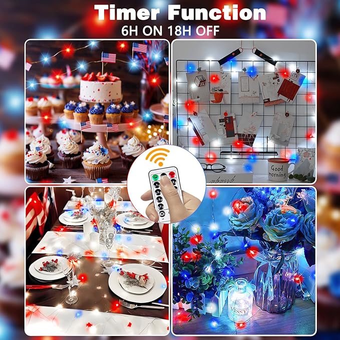 4th of July Decoration Lights, 3 Pack Red White and Blue Fairy Lights Battery Operated with Remote & Timer, Waterproof Patriotic Light Indoor Outdoor 8 Modes for Independence Day Anniversary Memorial
