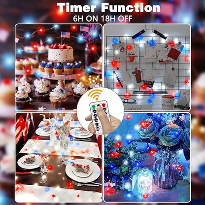 4th of July Decoration Lights, 3 Pack Red White and Blue Fairy Lights Battery Operated with Remote & Timer, Waterproof Patriotic Light Indoor Outdoor 8 Modes for Independence Day Anniversary Memorial