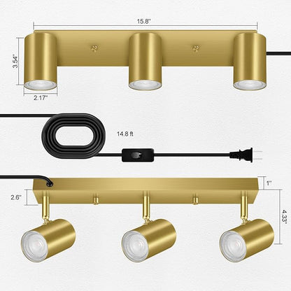 AUQUEE 3 Light Track Lighting Kit,Gold 3 Way Modern Plug in Ceiling Spotlight,Industrial LED Wall Light for Kitchen Cabinet Gallery Bar Hallway Living Room,Rocker Switch,15 Foot Cord(No Bulb)