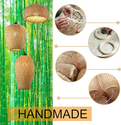 GWY Bamboo Pendant Lights, 3 Headlights E26 E27 Retro Rustic Yellow Bamboo Wicker Rattan Woven Chandelier Lamp Shade Light Fixture Ceiling Hanging Light for Bedroom Restaurant Cafe Farmhouse Teahouse