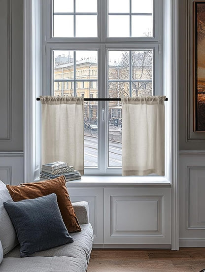 Linen Kitchen Curtains 24 Inch Length Farmhouse Cafe Curtains Light Filtering Semi Sheer Half Drapes for Bathroom Basement RV Small Windows Rod Pocket 2 Panels Burlywood Birch