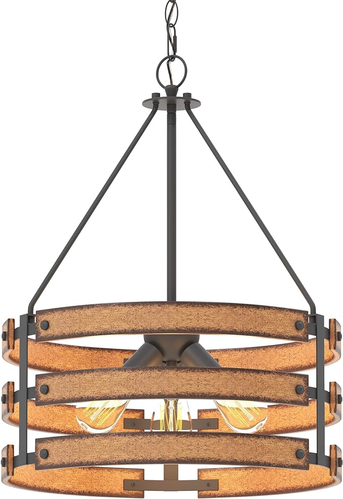 Inlight 18" Rustic and Industrial Design Farmhouse 3-Light Pendant for Kitchen Island, Textured Black and Faux Weathered Wood Finish, Metal Circular Hanging Chandelier for Foyer, IN-0335-3-WD