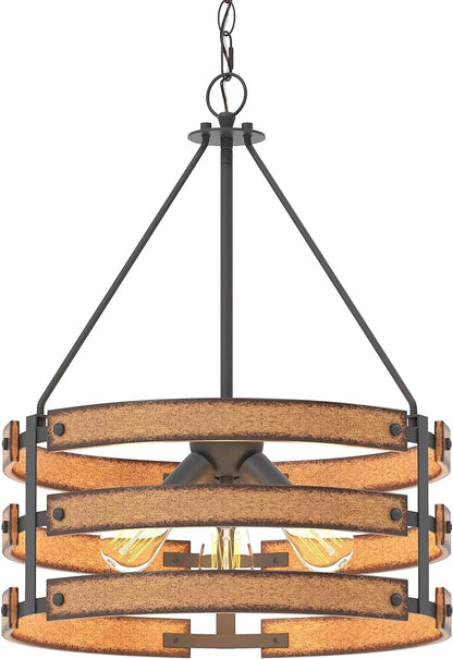 Inlight 18" Rustic and Industrial Design Farmhouse 3-Light Pendant for Kitchen Island, Textured Black and Faux Weathered Wood Finish, Metal Circular Hanging Chandelier for Foyer, IN-0335-3-WD