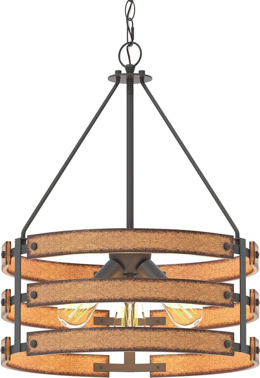 Inlight 18" Rustic and Industrial Design Farmhouse 3-Light Pendant for Kitchen Island, Textured Black and Faux Weathered Wood Finish, Metal Circular Hanging Chandelier for Foyer, IN-0335-3-WD