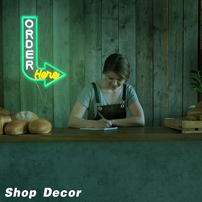 Order Here Neon Sign Pick up Here Signs for Wall Decor Green & Yellow Neon Light for Restaurants Cafes and Food Service Areas Attractive Point of Sale Lighting to Guide Customers(10.1 * 15.7inch)