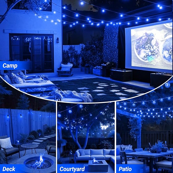 LAMPHOME Blue LED Outdoor String Lights, 26FT Patio Lights with 12+1 Shatterproof Edison Bulbs, UL Waterproof Connectable Outdoor Hanging Lights for Backyard Porch Garden Deck Balcony Decor
