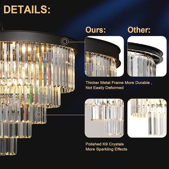 A AXILIXI Large Crystal Chandelier Modern Black 30" Round Chandeliers for Staircase K9 5-Tier Large Ceiling Pendant Light Fixtures Luxury Chandelier for High Ceiling Foyer Living Room Bedroom