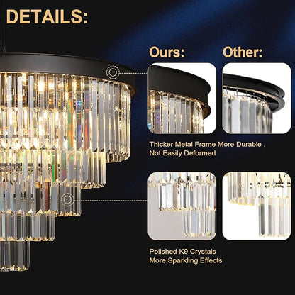 A AXILIXI Large Crystal Chandelier Modern Black 30" Round Chandeliers for Staircase K9 5-Tier Large Ceiling Pendant Light Fixtures Luxury Chandelier for High Ceiling Foyer Living Room Bedroom