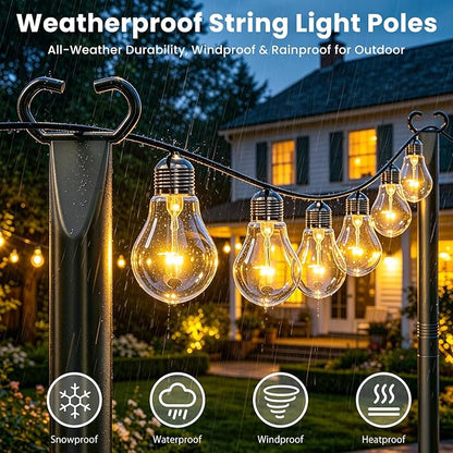 10Ft String Light Poles 4 Pack,Poles for Outdoor String Lights with Fork and Fence Clamp,Hanging Lights Metal Stand Post for Deck Patio Backyard Garden Decorations